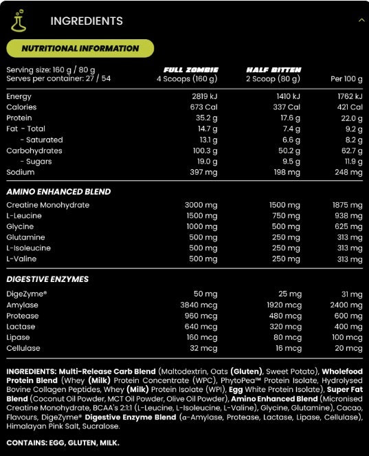 Zombie Labs GAINZ Mass Gainer – High-Calorie Protein Powder